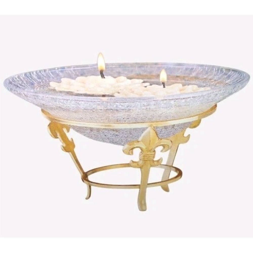 Elegant Expressions Candle Stand With Crackled Glass Bowl & Brass Metal Base NIB